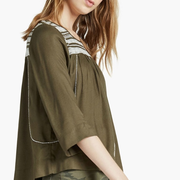 Lucky Brand Woven Beaded Boho Blouse Olive 3/4 Slv - Picture 2 of 8